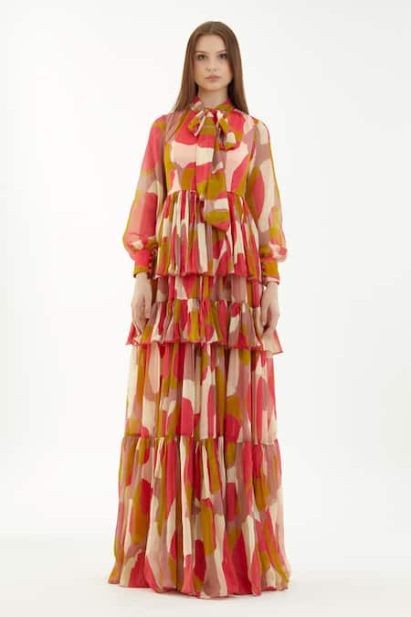 Shop Koai Multi Color Chiffon Abstract Bow Tie Collar Pattern Layered Dress at Aza Fashions Shop_Koai_Multi Color Chiffon Abstract Bow Tie Collar Pattern Layered Dress _at_Aza_Fashions