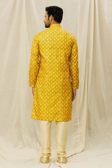 Shop Arihant Rai Sinha Yellow Handloom Cotton Embroidery Print Kurta at Aza Fashions Shop_Arihant Rai Sinha_Yellow Handloom Cotton Embroidery Print Kurta _at_Aza_Fashions