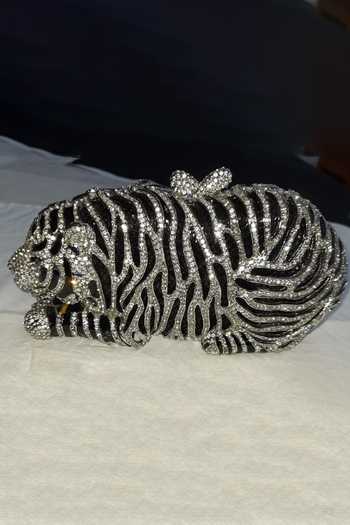 Shop Crystal Craft Black Embellished Tiger Shaped Crystal Studded Clutch at Aza Fashions Shop_Crystal Craft_Black Embellished Tiger Shaped Crystal Studded Clutch_at_Aza_Fashions