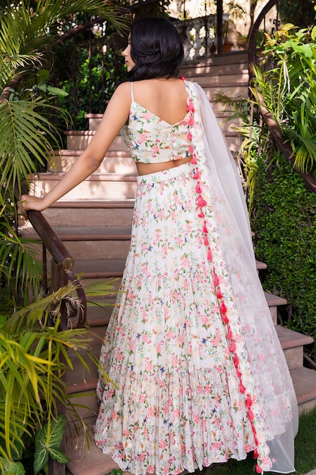 White and Blue Floral Printed Lehenga – Lashkaraa