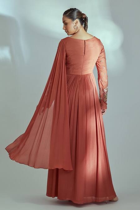 Buy_Suruchi Parakh_Orange Georgette Crepe Floral Pattern Asymmetric Embroidered Bodice Pleated Gown _Online_at_Aza_Fashions