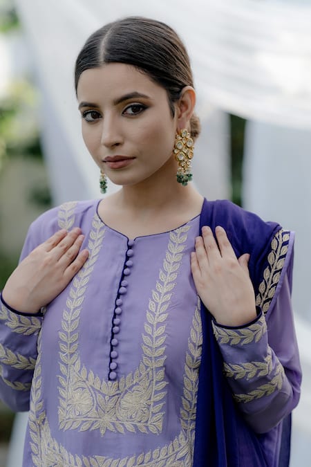 Shop Daljit Sudan Purple Phiran Kurta And Pant Crepe & Dupatta Georgette Leaf Embroidered Set at Aza Fashions Shop_Daljit Sudan_Purple Phiran Kurta And Pant Crepe & Dupatta Georgette Leaf Embroidered Set _at_Aza_Fashions