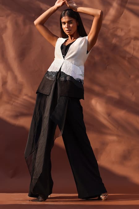 Shop Richa Khemka Beige Bamboo, Spandex, Georgette, Taffeta Rafia Gilet Jacket And Twill Pant Set at Aza Fashions Shop_Richa Khemka_Beige Bamboo, Spandex, Georgette, Taffeta Rafia Gilet Jacket And Twill Pant Set _at_Aza_Fashions