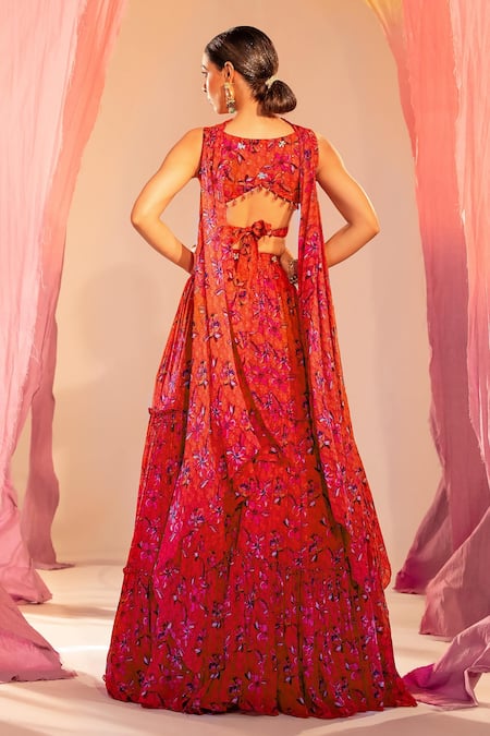 Shop_Silky Bindra_Orange Georgette, Silk Sequins, Crystals, Floral Bloom Print Tiered Lehenga Set _at_Aza_Fashions