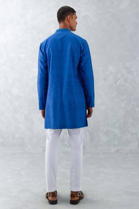 Shop_Devnaagri_Blue Chanderi And Cotton Blend Print Ikat Kurta & Pant Set _at_Aza_Fashions