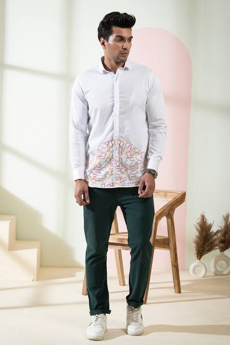 Shop_Hilo Design_White Cotton Satin Embroidery Cloud Placement Shirt _at_Aza_Fashions