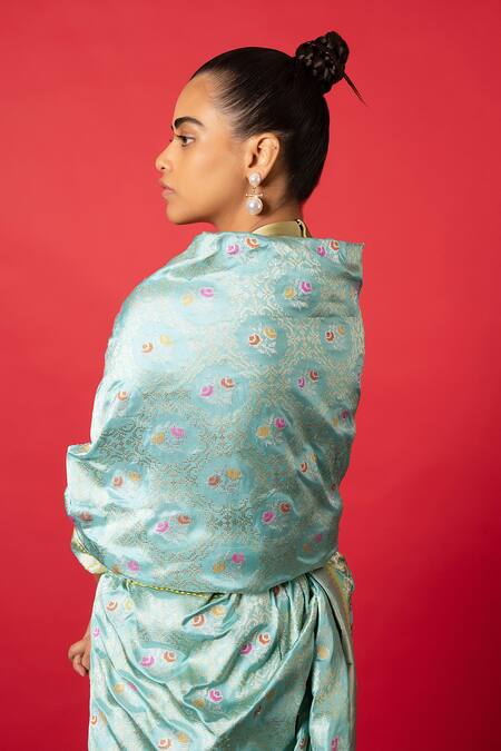 Shop Ekaya Banaras Blue Silk Embroidery Round Neck Flower Pattern Handwoven Saree at Aza Fashions Shop_Ekaya Banaras_Blue Silk Embroidery Round Neck Flower Pattern Handwoven Saree_at_Aza_Fashions