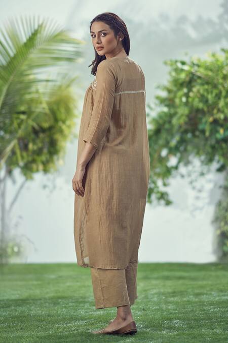 Shop_Affroz_Brown Mal Cotton Embroidered Floral Mandarin Collar Yoke Gathered Kurta Set _at_Aza_Fashions