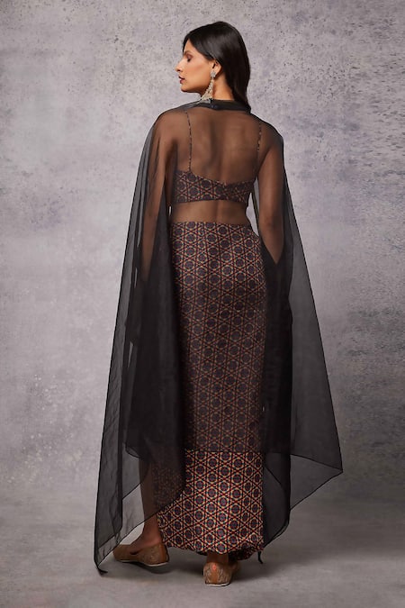 Shop_Senren By Eshana Raut_Maroon Modal, Satin Cut Work, Sheer Cape And Kaleidoscope Print Skirt Set _at_Aza_Fashions