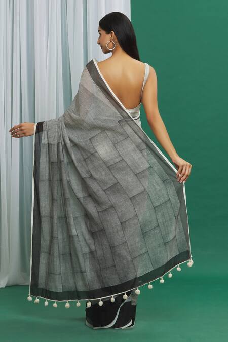Shop_Banana Labs_Black Cotton Printed Hand Block Handcrafted Saree_at_Aza_Fashions