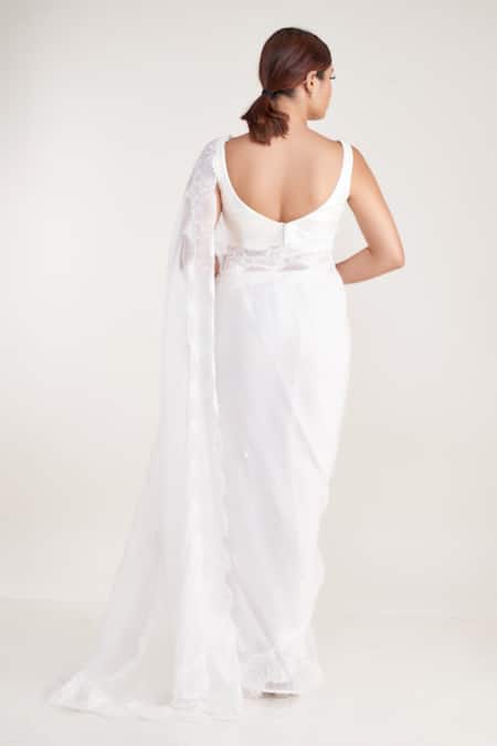 Shop_Pooja Bagaria_White Silk Organza, Leather Sequins Chantilly Lace Border Saree And Blouse Set _at_Aza_Fashions