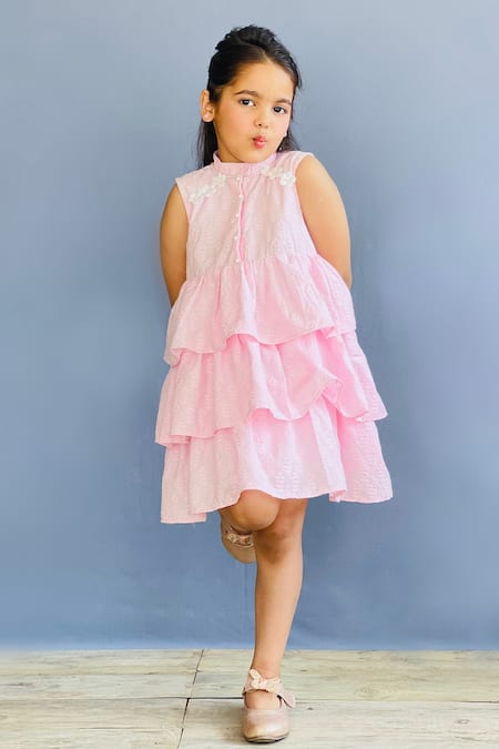 Shop Pinkcow designs pvt ltd Pink Cotton Embroidery Floral Hakoba Dress at Aza Fashions Shop_Pinkcow designs pvt ltd_Pink Cotton Embroidery Floral Hakoba Dress _at_Aza_Fashions