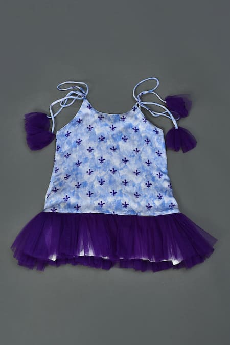 Shop_Maaikid_Purple Net, Linen, Satin Tassels Floral Print Tie-up Neck Dress _at_Aza_Fashions