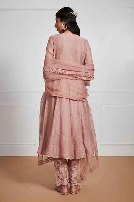 Shop Label Mansi Nagdev Brown Chanderi Pearls, Embroidery V-neck Nosheen Angrakha Anarkali Set at Aza Fashions Shop_Label Mansi Nagdev_Brown Chanderi Pearls, Embroidery V-neck Nosheen Angrakha Anarkali Set _at_Aza_Fashions