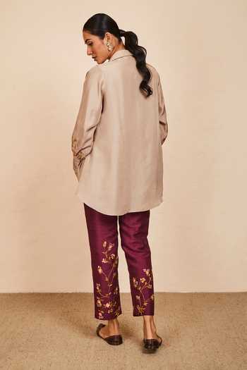 Shop Sue Mue Beige , Satin Embroidery Collared Asymmetric Hem Shirt And Pant Set at Aza Fashions Shop_Sue Mue_Beige , Satin Embroidery Collared Asymmetric Hem Shirt And Pant Set_at_Aza_Fashions