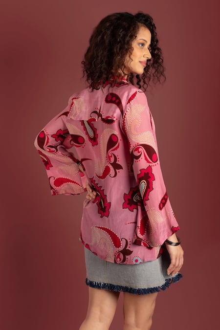 Shop_Style Junkiie_Pink Crepe Patchwork Mandarin Collar Sorbet Paisley Shirt _at_Aza_Fashions