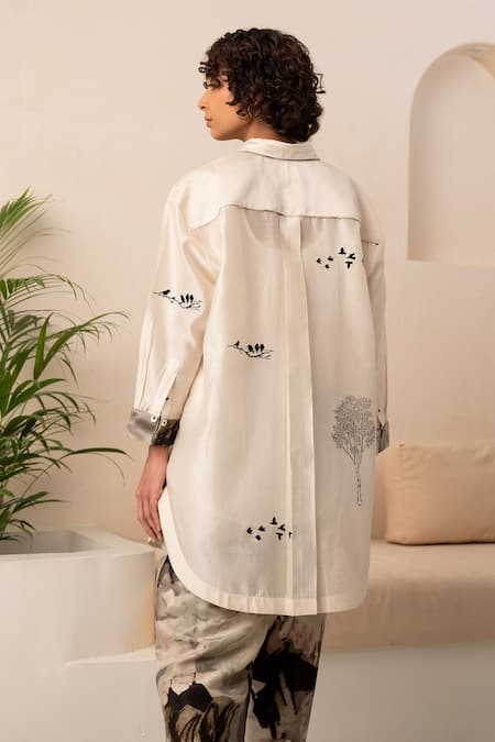 Shop Arcvsh By Pallavi Singh Ivory Chanderi Embroidery Collared Flying Birds Shirt at Aza Fashions Shop_Arcvsh By Pallavi Singh_Ivory Chanderi Embroidery Collared Flying Birds Shirt _at_Aza_Fashions