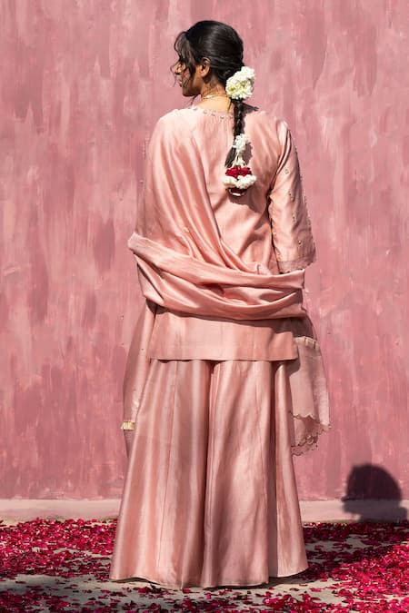 Shop Weaver Story Pink Chanderi Silk Gota Patti, Sequins, Beads V-neck Kurta Sharara Set at Aza Fashions Shop_Weaver Story_Pink Chanderi Silk Gota Patti, Sequins, Beads V-neck Kurta Sharara Set _at_Aza_Fashions