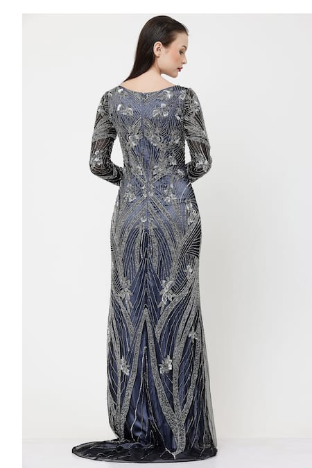 Ambrosia Floral & Linear Pattern Sequin Work Gown 
