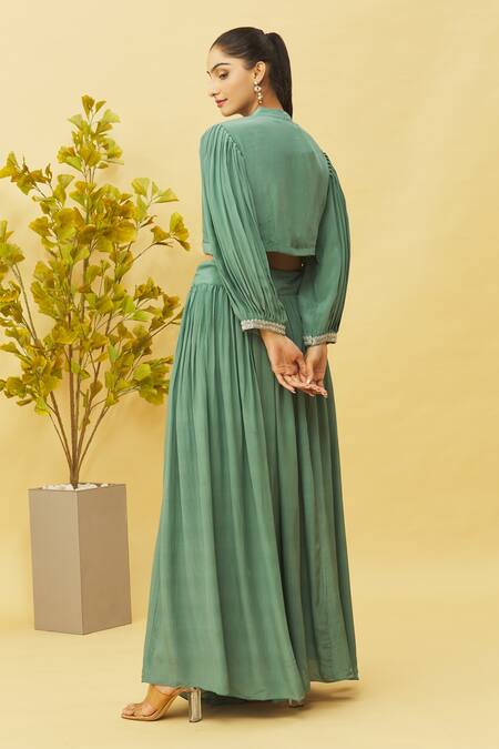 Shop Samyukta Singhania Green Crepe Embroidery, Sequins Split V-neck Top And Flared Skirt Set at Aza Fashions Shop_Samyukta Singhania_Green Crepe Embroidery, Sequins Split V-neck Top And Flared Skirt Set_at_Aza_Fashions