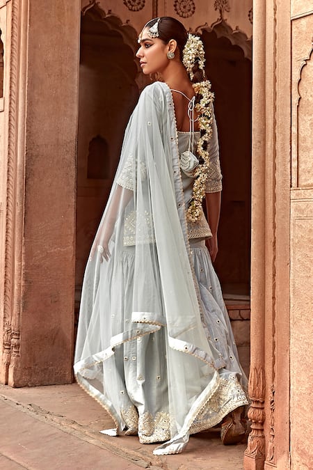 Shop_Preevin_Blue Cotton, Tulle Embroidery Round Neck Diamond Pattern Kurta Set _at_Aza_Fashions