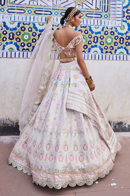Shop_Aditi Gupta_Ivory Chanderi, Tissue Pearls, Beads, Woven Banarasi Layered Bridal Lehenga Set _at_Aza_Fashions