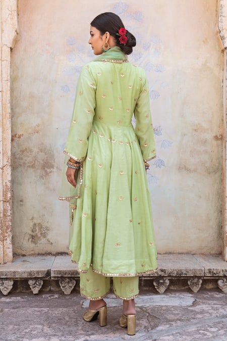 Shop Gulabo Jaipur Green Muslin Embroidery, Zari Split V-neck Chandni Pastel Anarkali Set at Aza Fashions Shop_Gulabo Jaipur_Green Muslin Embroidery, Zari Split V-neck Chandni Pastel Anarkali Set _at_Aza_Fashions