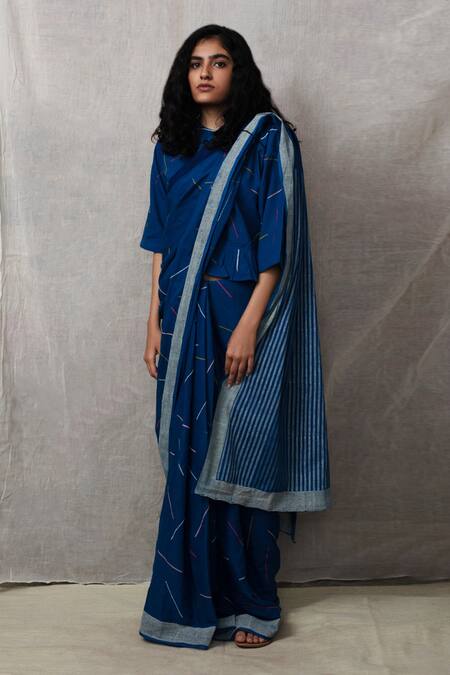 Shop Banana Labs Blue Cotton Stripe Round Print Crop Top at Aza Fashions Shop_Banana Labs_Blue Cotton Stripe Round Print Crop Top_at_Aza_Fashions