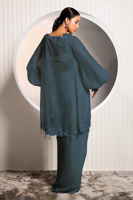 Shop Jade By Ashima Blue Organza, Crepe Embroidery, Tassels, Floral Blouse And Draped Skirt Set at Aza Fashions Shop_Jade By Ashima_Blue Organza, Crepe Embroidery, Tassels, Floral Blouse And Draped Skirt Set _at_Aza_Fashions