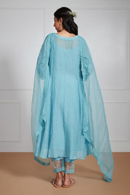Shop Label Mansi Nagdev Blue Chanderi Pearls, Embroidery, Mirrors Keyhole Neck Nazreen Sleeve Kurta Set at Aza Fashions Shop_Label Mansi Nagdev_Blue Chanderi Pearls, Embroidery, Mirrors Keyhole Neck Nazreen Sleeve Kurta Set _at_Aza_Fashions