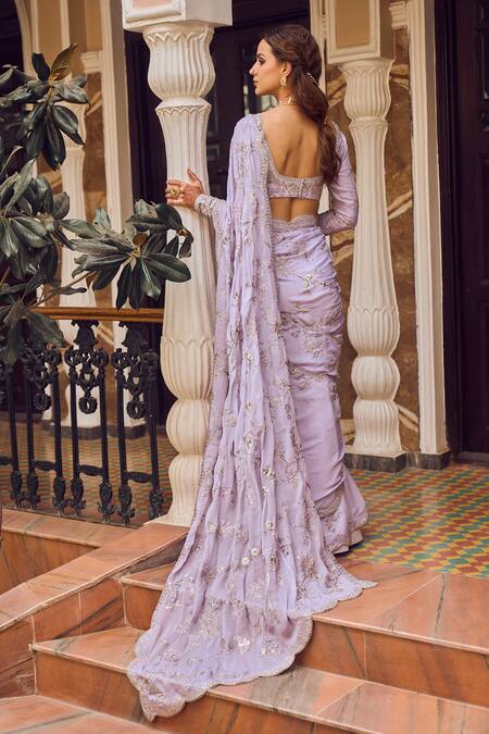 Shop_Lashkaraa_Purple Georgette Sequins, Zari, Embroidery V-neck Pre-draped Saree With Blouse _at_Aza_Fashions