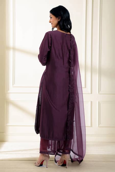 Shop Omana By Ranjana Bothra Purple Chanderi, Organza Embroidery, Cut Work Round Gul Placement Kurta Set at Aza Fashions Shop_Omana By Ranjana Bothra_Purple Chanderi, Organza Embroidery, Cut Work Round Gul Placement Kurta Set _at_Aza_Fashions