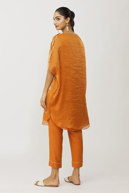 Neeta Bhargava Orange Tissue Embroidered Kaftan & Pant Set 