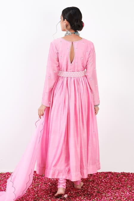 Shop Label Flamingo By Vrinda Pink Cotton, Silk, Lycra, Organza Gota Floral Embellished Anarkali Churidar Set at Aza Fashions Shop_Label Flamingo By Vrinda_Pink Cotton, Silk, Lycra, Organza Gota Floral Embellished Anarkali Churidar Set _at_Aza_Fashions