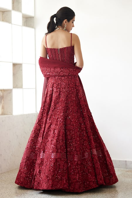 Shop_Mishru_Red Tulle, Organza Embroidery Sweetheart Neck Evie Checkered Corset Lehenga Set _at_Aza_Fashions