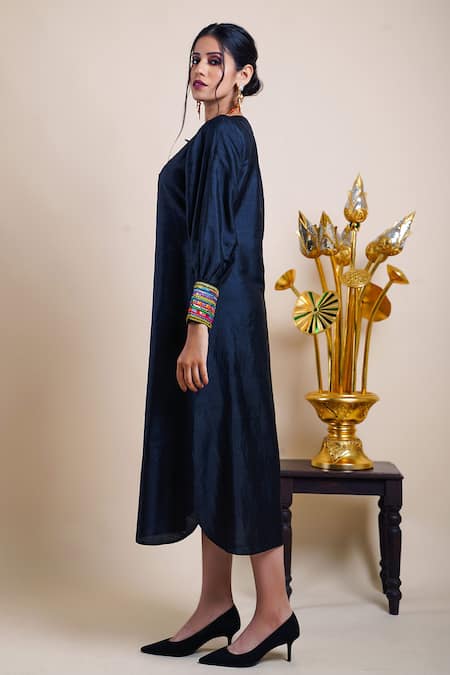 Shop Bhusattva Black Organic Silk Embroidery Sequin Keyhole Geometric Placket Dress at Aza Fashions Shop_Bhusattva_Black Organic Silk Embroidery Sequin Keyhole Geometric Placket Dress _at_Aza_Fashions