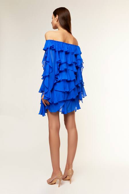 Shop Deme By Gabriella Blue Chiffon Off-shoulder Marion Ruffle Layered Dress at Aza Fashions Shop_Deme By Gabriella_Blue Chiffon Off-shoulder Marion Ruffle Layered Dress_at_Aza_Fashions