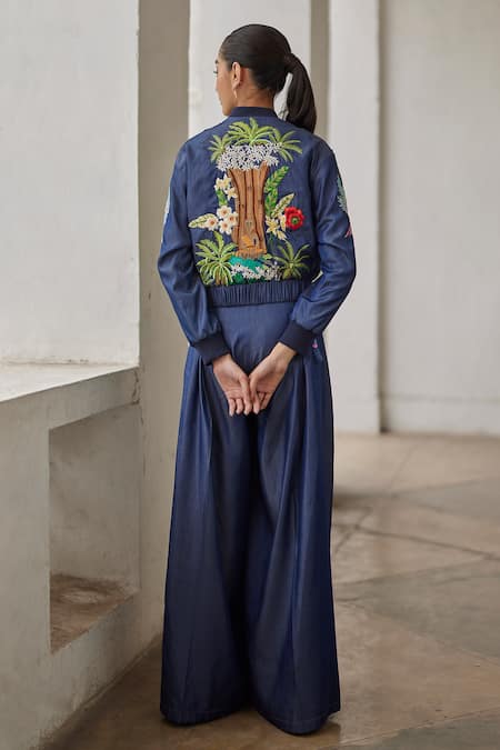 Shop Betrue Blue Denim, Tencel Embroidery Bandeau Neck Tropical Forest Floral Jacket at Aza Fashions Shop_Betrue_Blue Denim, Tencel Embroidery Bandeau Neck Tropical Forest Floral Jacket _at_Aza_Fashions
