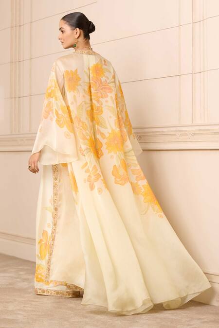 Shop_Tarun Tahiliani_Off White Georgette, Satin, Organza, Silk Sunflower Print Jacket And Palazzo Set _at_Aza_Fashions