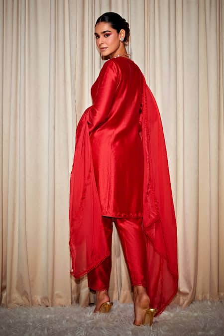 Shop_Dohr India_Red Silk, Organza Lace, Embroidery Round Neck Ira Chanderi Kurta Pant Set _at_Aza_Fashions