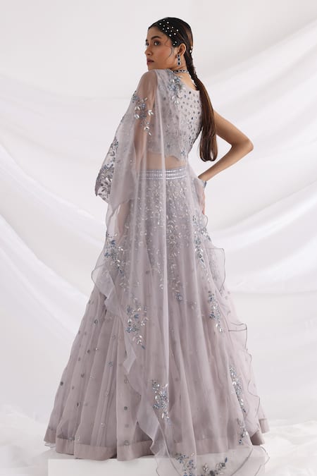 Shop Smriti By Anju Agarwal Grey Organza, Taffeta Embroidery, Sequins, Cut Work Ethereal Leaf Lehenga Set at Aza Fashions Shop_Smriti By Anju Agarwal_Grey Organza, Taffeta Embroidery, Sequins, Cut Work Ethereal Leaf Lehenga Set _at_Aza_Fashions