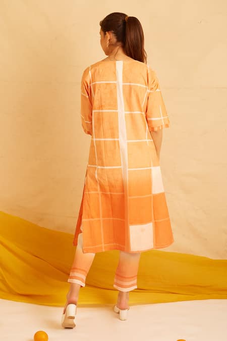 Shop Banana Labs Orange Cotton Round Neck Hand Block Print Kurta Pant Set at Aza Fashions Shop_Banana Labs_Orange Cotton Round Neck Hand Block Print Kurta Pant Set _at_Aza_Fashions