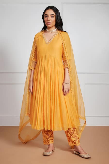 Shop Label Mansi Nagdev Yellow Chanderi Mirrors, Pearls, Embroidery V-neck Layina Neckline Anarkali Set at Aza Fashions Shop_Label Mansi Nagdev_Yellow Chanderi Mirrors, Pearls, Embroidery V-neck Layina Neckline Anarkali Set _at_Aza_Fashions