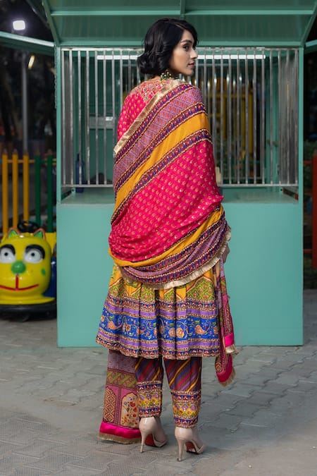 Shop Irrau By Samir Mantri Multi Color Chiffon, Silk, Denim Embroidery, Tassels, Flower Print Anarkali Set at Aza Fashions Shop_Irrau By Samir Mantri_Multi Color Chiffon, Silk, Denim Embroidery, Tassels, Flower Print Anarkali Set _at_Aza_Fashions