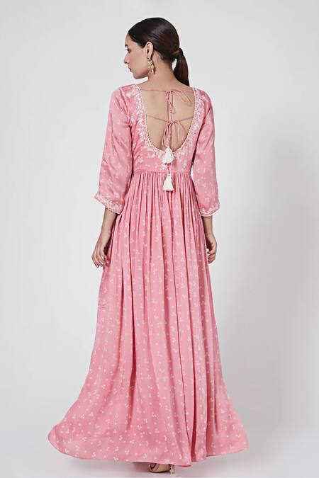 Shop Ruchira Nangalia Pink Modal Embroidery, Lace Round Neck Bandhani Anarkali Set at Aza Fashions Shop_Ruchira Nangalia_Pink Modal Embroidery, Lace Round Neck Bandhani Anarkali Set_at_Aza_Fashions