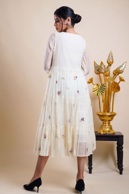 Shop Bhusattva White Organic Cotton Silk Embroidery Sequin Boat Neck Tiered Dress at Aza Fashions Shop_Bhusattva_White Organic Cotton Silk Embroidery Sequin Boat Neck Tiered Dress _at_Aza_Fashions