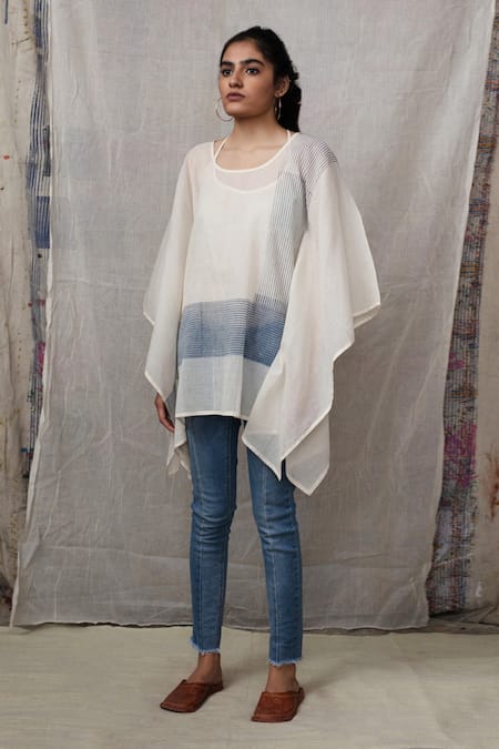 Shop_Banana Labs_White Cotton Printed Stripe Asymmetric Kaftan With Stole _at_Aza_Fashions