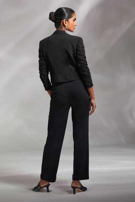 Divya Aggarwal Black Rough Interlock Embroidery Bead Work Audra Embellished Jacket Pant Set Online at Aza Fashions Divya Aggarwal_Black Rough Interlock Embroidery Bead Work Audra Embellished Jacket Pant Set _Online_at_Aza_Fashions