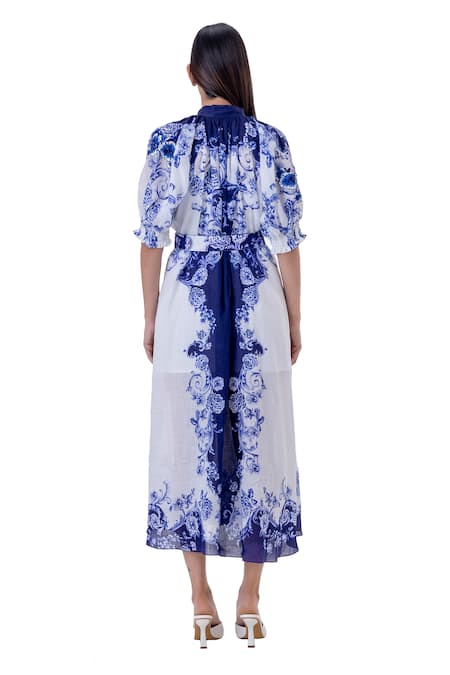 Shop Gaya White Ramie Linen Printed And Embroidered Baroque Dyme Dress at Aza Fashions Shop_Gaya_White Ramie Linen Printed And Embroidered Baroque Dyme Dress _at_Aza_Fashions