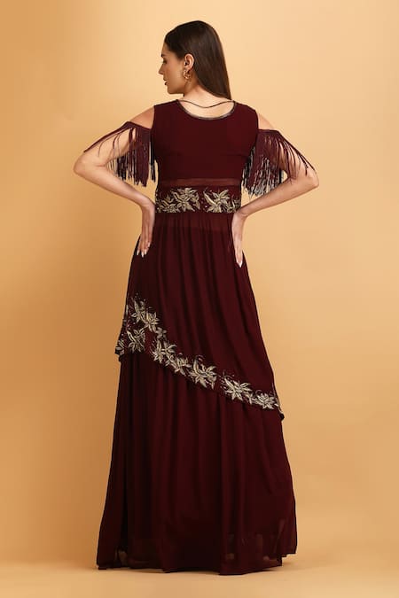 Shop Label Ivish Wine Viscose Zari, Embroidery Round Neck Asymmetrical Top With Skirt at Aza Fashions Shop_Label Ivish_Wine Viscose Zari, Embroidery Round Neck Asymmetrical Top With Skirt _at_Aza_Fashions
